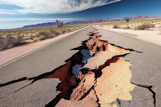 Stretch asphalt road that has been severely damaged by an earthquake. The surface of the road is covered in large cracks, some of which runs deep and jagged across the entire width of the road. ai