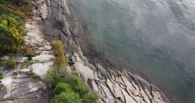 aerial view of katten beach reaching the yachts in oslo, norway, the water is emerald color