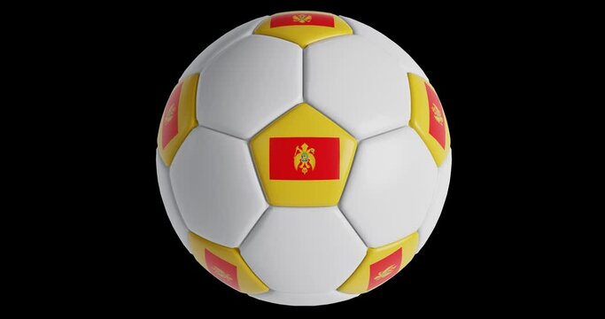 Soccer ball with flag of Montenegro , black background loop alpha Trasparent 3D