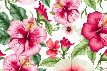 watercolor pink hibiscus and tropical leaves seamless pattern for fabric