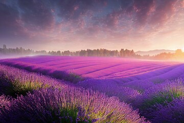 Fototapeta na wymiar Lavender field at sunrise in Provance. Generative AI