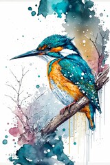 Wildlife Illustration of a Kingfisher Bird Sitting on the Branch in a Watercolor Splatter Hand-Painted Style, made in part with Generative AI
