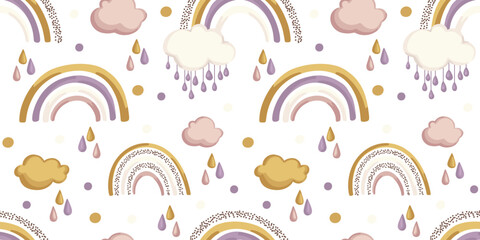 Seamless hand drawn vector pattern with cute cartoon rainbow, clouds and rain on halftone white background. Design for print, fabric , wallpaper, card