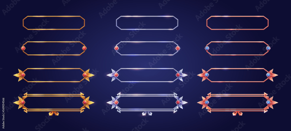 Poster empty rectangle frames in medieval style for game ui design. vector cartoon set of user interface el