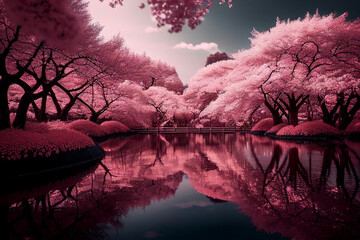 Cherry blossom trees and lake in full bloom, Generative AI	
