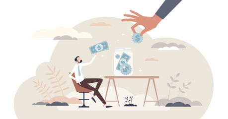 Budget planning and saving money with assets control tiny person concept, transparent background. Financial balance management as personal earnings and expenses planning illustration. - obrazy, fototapety, plakaty