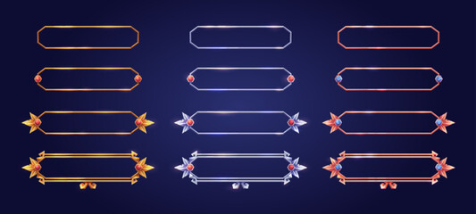 Empty rectangle frames in medieval style for game ui design. Vector cartoon set of user interface elements with golden bronze silver ornate flourish border, decorated with gems, isolated on background