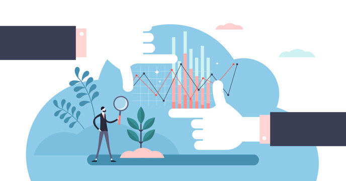 Big picture illustration, transparent background. Statistics overview in flat tiny persons concept. Business development data research in zoom out method. Frame shape hands.