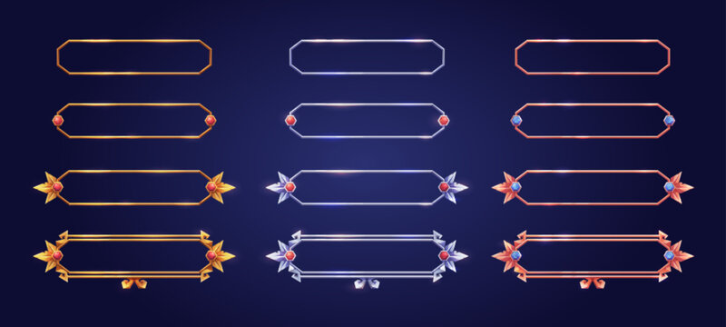 Empty rectangle frames in medieval style for game ui design. Vector cartoon set of user interface elements with golden bronze silver ornate flourish border, decorated with gems, isolated on background