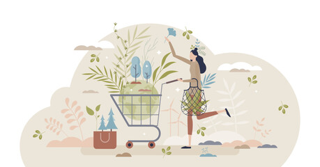 Eco friendly consumer with sustainable shopping habits tiny person concept, transparent background. Environmental care with reusable and green product choices illustration. - obrazy, fototapety, plakaty