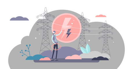 Electricity industry concept, flat tiny electrician worker person illustration with electrical poles and cables, transparent background. Circle lightning symbol sign.