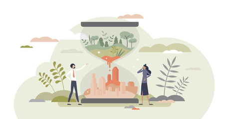 Environment clock as nature climate and resources exhaustion for city needs tiny person concept, transparent background. Sand hourglass countdown to global problems illustration.