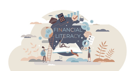 Fototapeta na wymiar Financial literacy and education with learning from books tiny person concept, transparent background. Economic knowledge and personal skills development with reading courses illustration.