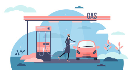 Gas station illustration, transparent background. Fuel refill process in flat tiny person concept. Diesel and gasoline building for cars and trucks transportation fossil supply.