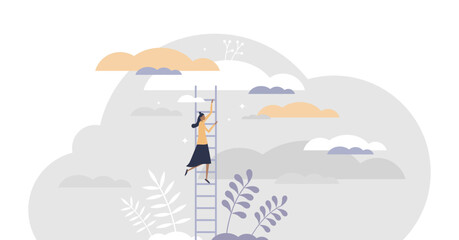 Fototapeta na wymiar Growth ladder with stair steps as development progress tiny persons concept, transparent background. Business and career rise symbol as opportunity to achieve target illustration. Climbing to top.