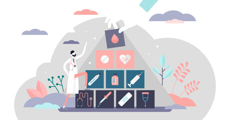Fototapeta na wymiar Health care pyramid illustration, transparent background. Medical system flat tiny person concept. Abstract blood, drugs, pills, injections, stethoscope or crutches as classical pharmacy items.