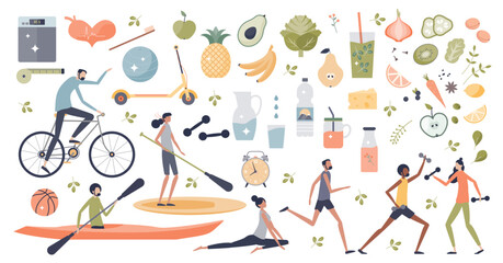 Healthy lifestyle with daily fitness workout and fruit with vegetables diet habits tiny person collection set, transparent background. Items with good shape or sports activities.