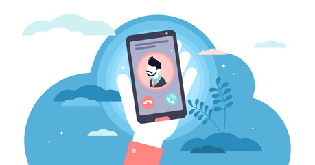 Incoming call concept flat tiny person illustration, transparent background. Hand holding phone to pick up conversation. Mobile screen with male contact profile avatar. Colleague or boss work.