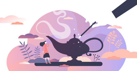 Make a wish to dream come true illustration in flat tiny persons concept, transparent background. Symbolic visualization to get desired goal with magic wound or jinn lamp rubbing. © VectorMine