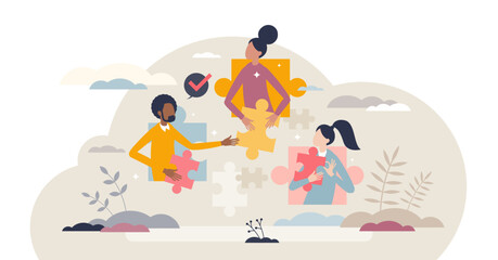 Team cooperation as business partnership or collaboration tiny person concept, transparent background. Jigsaw puzzle as creative ideas in brainstorming for startup company illustration.