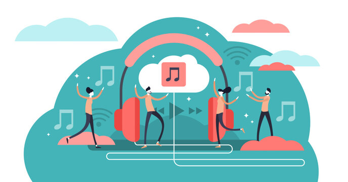 Streaming music illustration, transparent background. Flat tiny persons concept with headphones. Online broadcast service system for song listening without download.