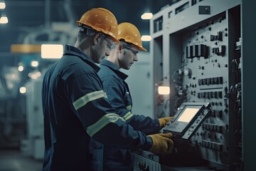 Two factory workers working in a power plant. They are looking at the control panel. Generative AI
