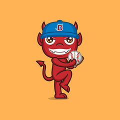 cute cartoon devil playing baseball