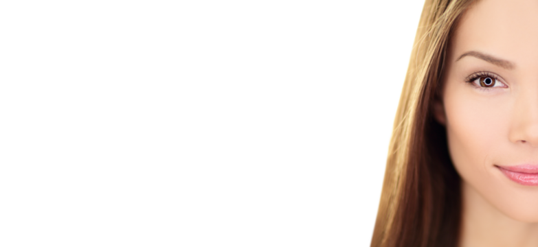 Beauty woman - perfect skin care closeup of beautiful female half face looking at camera. Gorgeous Asian Chinese / Caucasian female girl in her 20s. Isolated cutout PNG on transparent background