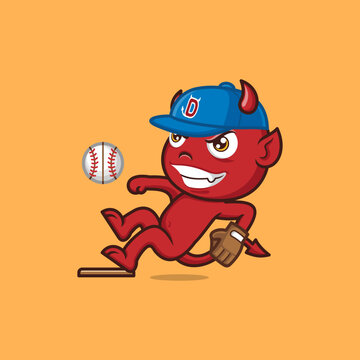 cute cartoon devil playing baseball