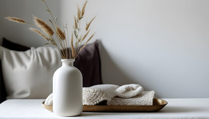 Fototapeta na wymiar Modern white ceramic vase with dry Lagurus ovatus grass and marble tray on vintage wooden bench, table. Blurred beige linen blanket in front. Scandinavian interior. Empty white wall, copy space
