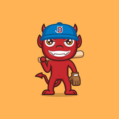 cute cartoon devil playing baseball