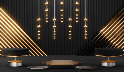 3d render black podium background showcases a premium, minimal and modern design with a combination of geometric shapes, golden glitter and a realistic studio room setting, creating a perfect platform