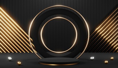 3d render black podium background showcases a premium, minimal and modern design with a combination of geometric shapes, golden glitter and a realistic studio room setting, creating a perfect platform