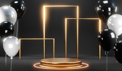 3d render black podium background showcases a premium, minimal and modern design with a combination of geometric shapes, golden glitter and a realistic studio room setting, creating a perfect platform