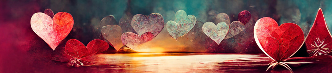 Fototapeta premium The heart shape of love Red, bleue caïman and yellow background design for expressions of love or Valentine's Day greetings, Butterflies in the heart of love. Générative IA.