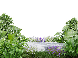 Marble podium in meadow for product presentation and on transparent background.