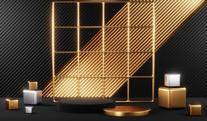 3d render black podium background showcases a premium, minimal and modern design with a combination of geometric shapes, golden glitter and a realistic studio room setting, creating a perfect platform