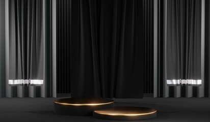 3d render black podium background showcases a premium, minimal and modern design with a combination of geometric shapes, golden glitter and a realistic studio room setting, creating a perfect platform