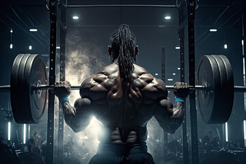 back of a muscular black male athlete in a sports gym lifting a barbell. Generative AI
