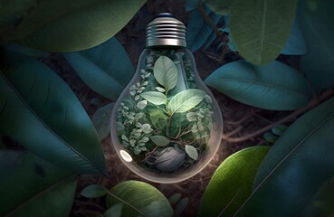 top view of the green eco-friendly lightbulb from fresh leaves, Green eco-friendly lightbulb from fresh leaves top view, concept of Renewable Energy and Sustainable Living