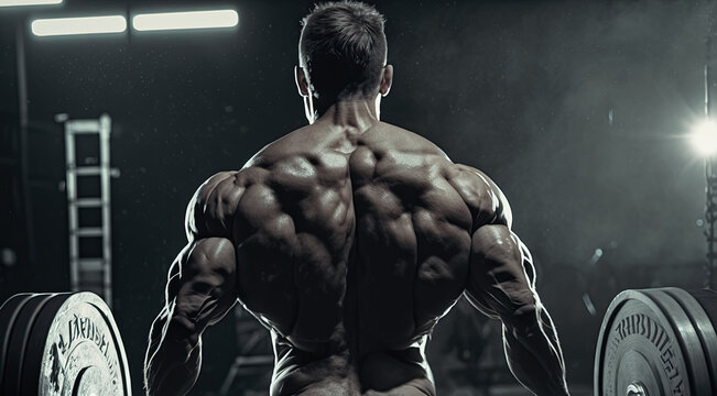 muscular back of a male athlete bodybuilder exercising in the gym. Generative AI