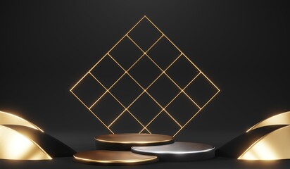 3d render black podium background showcases a premium, minimal and modern design with a combination of geometric shapes, golden glitter and a realistic studio room setting, creating a perfect platform