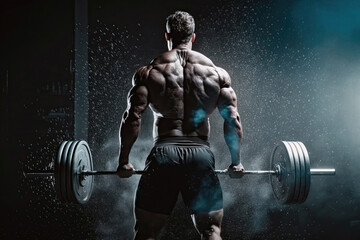 Fototapeta na wymiar back of a muscular male athlete in a sports gym lifting a barbell. Generative AI