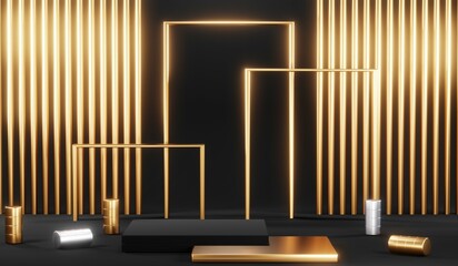 Obraz premium 3d render black podium background showcases a premium, minimal and modern design with a combination of geometric shapes, golden glitter and a realistic studio room setting, creating a perfect platform