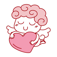 Cute smiley cupid with pink wings hugs big heart. Valentine's day 