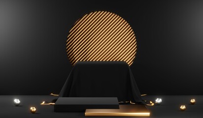 3d render black podium background showcases a premium, minimal and modern design with a combination of geometric shapes, golden glitter and a realistic studio room setting, creating a perfect platform