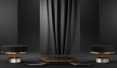 3d render black podium background showcases a premium, minimal and modern design with a combination of geometric shapes, golden glitter and a realistic studio room setting, creating a perfect platform