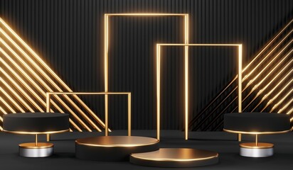 3d render black podium background showcases a premium, minimal and modern design with a combination of geometric shapes, golden glitter and a realistic studio room setting, creating a perfect platform