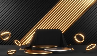 3d render black podium background showcases a premium, minimal and modern design with a combination of geometric shapes, golden glitter and a realistic studio room setting, creating a perfect platform