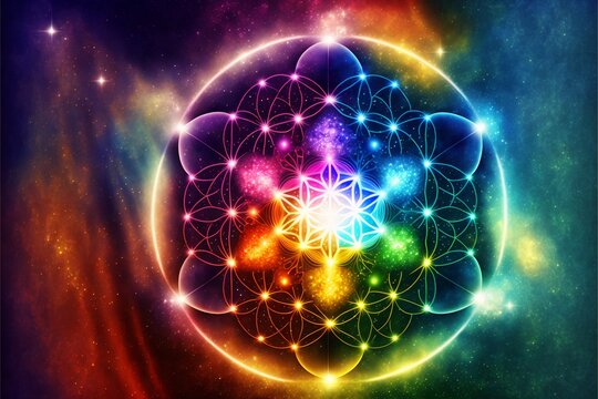 Sacred Geometry Spiritual Mindfulness Consciousness Universe Psychedelic Trippy Oneness Awakening Enlightenment New Age Concept. Generative AI.